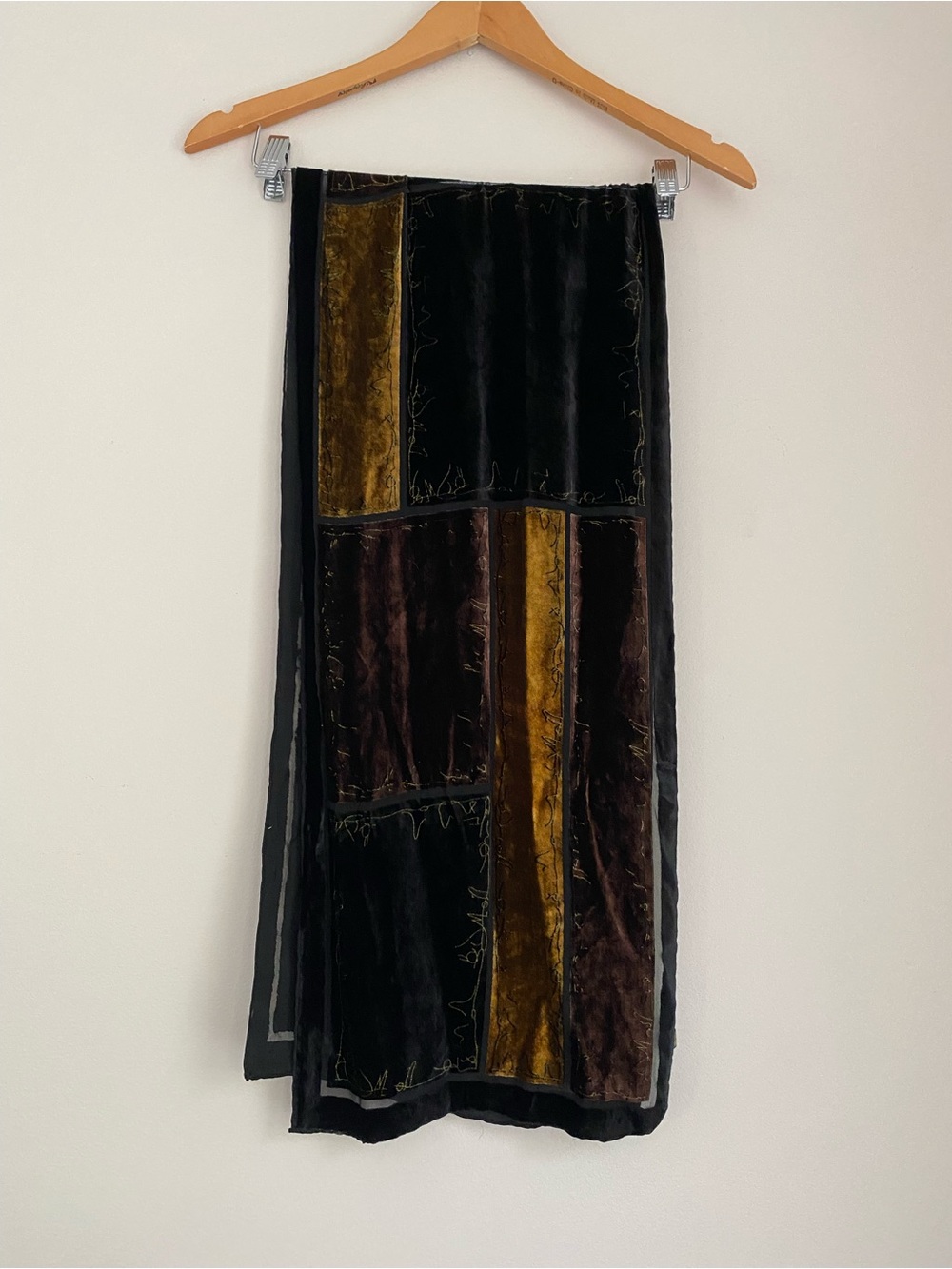 Vintage scarf velvet patchwork-style dark jewel tones golden-yellow panel